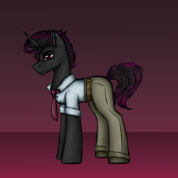 Size: 3000x3000 | Tagged: safe, artist:darklight1315, oc, oc only, oc:catharsis, pony, unicorn, fallout equestria, clothes, concept art, fallout equestria: mayday, horn, necktie, pants, pre-war, shirt, solo, white shirt