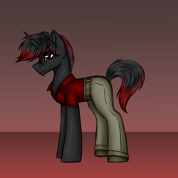 Size: 3000x3000 | Tagged: safe, artist:darklight1315, oc, oc only, oc:decline, pony, unicorn, fallout equestria, clothes, concept art, fallout equestria: mayday, horn, pants, pre-war, red shirt, shirt, solo