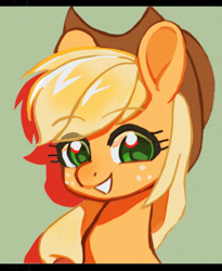 Size: 474x578 | Tagged: safe, artist:erye037249, applejack, earth pony, pony, g4, bust, female, green background, grin, mare, portrait, simple background, smiling, solo