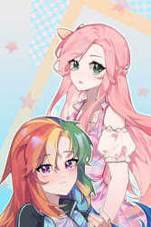 Size: 1000x1500 | Tagged: safe, artist:gonghe06810, fluttershy, rainbow dash, human, g4, abstract background, clothes, dress, humanized, jacket, multicolored hair, rainbow hair