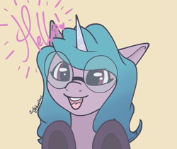 Size: 1985x1673 | Tagged: safe, artist:tkshoelace, izzy moonbow, pony, unicorn, g5, female, glasses, hello, horn, light yellow background, mare, raised hoof, simple background, solo, talking to viewer, text, unshorn fetlocks