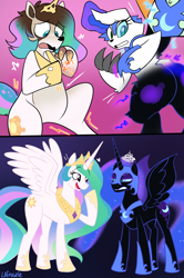 Size: 1378x2078 | Tagged: safe, artist:la-frugele, nightmare moon, princess celestia, alicorn, pony, g4, annoyed, ass, butt, duo, female, furry, furry to pony, smug, transformation