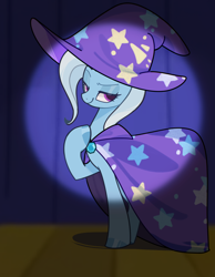 Size: 1120x1440 | Tagged: safe, artist:aba6422176, trixie, pony, unicorn, g4, cape, clothes, female, hat, horn, looking at you, mare, smiling, smirk, smug, solo, spotlight, stage, trixie's cape, trixie's hat