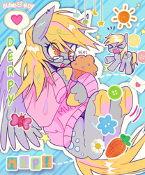 Size: 1080x1298 | Tagged: safe, artist:bland__boy, derpy hooves, butterfly, pegasus, pony, g4, ><, button, carrot, clothes, cute, cute little fangs, ear piercing, earring, envelope, eye clipping through hair, eyes closed, fangs, female, flower, food, giggling, glasses, heart, herbivore, jewelry, mare, muffin, name, piercing, solo, speech bubble, stars, sun, sweater, text, unshorn fetlocks