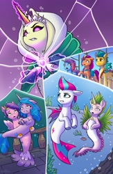 Size: 2670x4096 | Tagged: safe, alternate version, artist:robin jacks, idw, hitch trailblazer, izzy moonbow, misty brightdawn, pipp petals, princess anemone, queen calla lily, sparky sparkeroni, sunny starscout, zipp storm, earth pony, pegasus, pony, seapony (g4), unicorn, g5, my little pony: set your sail, bioluminescent, bubble, clothes, comic cover, coral, cover, cover art, crepuscular rays, crown, dorsal fin, dress, fan cover, female, fin, fin ears, fin wings, fins, fish tail, flowing mane, flowing tail, glowing, glowing eyes, high res, horn, jewelry, male, mane five, mane six (g5), mane stripe sunny, mare, my little pony logo, necklace, ocean, orb, pearl necklace, peytral, raised hoof, rebirth misty, regalia, rock, scales, sea pony (g5), seaponified, seapony izzy moonbow, seapony pipp petals, seapony zipp storm, seaweed, ship, signature, species swap, spread wings, stallion, sunlight, swimming, tail, underwater, unshorn fetlocks, water, wings