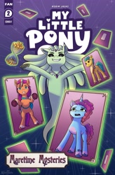 Size: 2681x4096 | Tagged: safe, artist:robin jacks, idw, hitch trailblazer, misty brightdawn, raneigh, sunny starscout, earth pony, pony, unicorn, g5, my little pony: maretime mysteries, bipedal, comic cover, cover, cover art, fan cover, female, horn, male, mane stripe sunny, mare, my little pony logo, rebirth misty, stallion, unshorn fetlocks