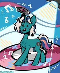 Size: 1629x1966 | Tagged: safe, artist:crashbrush, oc, oc only, pony, unicorn, cheek fluff, chest fluff, ear fluff, female, full body, horn, mare, music notes, one eye closed, open mouth, plate, plate spinning, request, smiling, solo, walking, wink