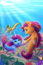 Size: 2698x4096 | Tagged: safe, alternate version, artist:robin jacks, idw, hitch trailblazer, misty brightdawn, sunny starscout, fish, seapony (g4), g5, my little pony: set your sail, bubble, coral, cover, crepuscular rays, digital art, dorsal fin, female, fin, fins, fish tail, flowing mane, flowing tail, horn, looking at each other, looking at someone, male, mane stripe sunny, mare, ocean, open mouth, open smile, rebirth misty, reef, rock, scales, sea pony (g5), seaponified, seapony hitch trailblazer, seapony misty brightdawn, seapony sunny starscout, seaweed, sheriff's badge, smiling, smiling at each other, species swap, stallion, sunlight, swimming, tail, underwater, unshorn fetlocks, water