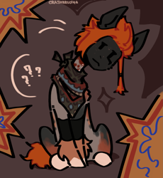 Size: 1887x2048 | Tagged: safe, artist:crashbrush, oc, oc only, earth pony, pony, :<, bandana, bowed head, clothes, ear fluff, full body, hoof fluff, leg warmers, looking at you, male, multicolored fur, orange mane, questioning, request, sitting, solo, stallion