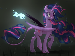 Size: 1600x1200 | Tagged: safe, artist:anazeml, artist:laymy, twilight sparkle, alicorn, ghost, pony, undead, g4, concave belly, dark background, female, folded wings, grass, large wings, leonine tail, long mane, long tail, looking back, mare, night, partially open wings, side view, slender, solo, spirit, tail, thin, twilight sparkle (alicorn), underhoof, walking, windswept mane, wings