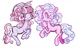 Size: 1451x901 | Tagged: safe, artist:dddddaxie998839, part of a set, pinkie pie, rarity, oc, oc:ensemble, oc:party trick, earth pony, pony, unicorn, g4, alternate accessories, alternate coat color, alternate design, alternate eye color, alternate hairstyle, alternate mane color, alternate tail color, alternate tailstyle, bangs, big eyes, blue sclera, blushing, bow, colored eyelashes, colored pinnae, colored pupils, colored sclera, curly mane, curly tail, duo, duo female, earth pony oc, earth pony rarity, female, female oc, floppy ears, hair bow, headband, horn, lavender coat, long mane, long tail, looking at you, magenta eyelashes, mare, mare oc, missing cutie mark, pastel, pink coat, pink eyelashes, profile, purple bow, purple coat, purple eyes, purple pupils, race swap, raised hoof, raised hooves, simple background, smiling, smiling at you, striped mane, striped tail, tail, tail tie, thin, three toned mane, three toned tail, tied tail, underhoof, unicorn horn, unicorn oc, unicorn pinkie pie, updo, white background