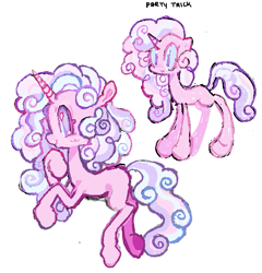 Size: 553x577 | Tagged: safe, artist:dddddaxie998839, part of a set, pinkie pie, oc, oc:party trick, pony, unicorn, g4, alternate coat color, alternate design, alternate hairstyle, alternate mane color, alternate tail color, alternate tailstyle, big eyes, big hooves, blue sclera, blushing, colored eyelashes, colored pinnae, colored pupils, colored sclera, curly mane, curly tail, female, female oc, floppy ears, horn, long mane, long tail, magenta eyelashes, mare, mare oc, missing cutie mark, pastel, pink coat, pink eyelashes, profile, purple eyes, purple pupils, race swap, raised hoof, simple background, small horn, smiling, solo, standing, tail, text, thin, three toned mane, three toned tail, underhoof, unicorn horn, unicorn oc, unicorn pinkie pie, white background