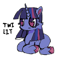 Size: 589x572 | Tagged: safe, artist:dddddaxie998839, twilight sparkle, pony, unicorn, g4, :i, alternate color palette, anatomically incorrect, autism creature, bangs, big eyes, big hooves, cheek fluff, colored eyelashes, colored hooves, colored pinnae, ear fluff, female, hooves, horn, incorrect leg anatomy, lying down, mare, missing cutie mark, no tail, pink hooves, prone, purple coat, purple eyelashes, purple eyes, shiny hooves, simple background, sitting, solo, straight face, straight mane, striped mane, text, three toned mane, unicorn horn, unicorn twilight, unshorn fetlocks, white background