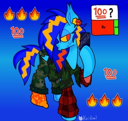 Size: 2048x1951 | Tagged: safe, artist:koidial, oc, oc only, oc:dreadful blue horse!, bat pony, pony, bat pony oc, blue coat, camouflage, cellphone, clothes, colored sclera, ear piercing, ear tufts, earring, emoji, female, female oc, flannel, folded wings, gradient background, halftone, hoof hold, instagram story, iphone, jewelry, lidded eyes, mare, mare oc, mismatched socks, no catchlights, no pupils, oversized clothes, pants, phone, piercing, ponysona, pose, pouty lips, red eyes, shirt, signature, smartphone, socks, solo, spiky mane, spiky tail, standing on three hooves, sticker, striped mane, striped tail, sweat, sweatdrop, tail, text, three toned mane, two toned tail, wall of tags, wings, yellow sclera