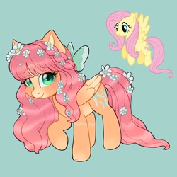 Size: 1800x1800 | Tagged: safe, artist:gigikittydays, fluttershy, pegasus, pony, g4, bow, female, flower, flower in hair, hair bow, mare, simple background, solo, teal background