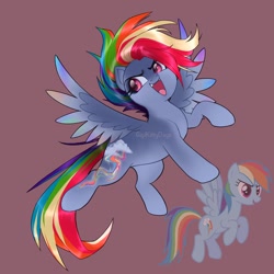 Size: 1920x1920 | Tagged: safe, artist:gigikittydays, rainbow dash, pegasus, pony, g4, alternate cutie mark, cute, cute little fangs, fangs, female, flying, mare, open mouth, red background, simple background, solo