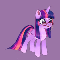 Size: 1440x1440 | Tagged: safe, artist:gigikittydays, twilight sparkle, alicorn, pony, g4, coat markings, colored pinnae, colored wings, facial markings, female, folded wings, glasses, glasses chain, gradient ears, gradient legs, gradient wings, mare, open mouth, open smile, pale belly, purple background, shiny mane, shiny tail, simple background, smiling, solo, sparkly legs, standing, star (coat marking), twilight sparkle (alicorn), wings