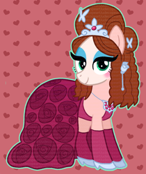 Size: 1470x1748 | Tagged: safe, artist:queertrixie, earth pony, pony, chappell roan, clothes, dress, eyeshadow, female, jewelry, makeup, mare, outline, patterned background, ponified, shoes, solo, stockings, thigh highs, tiara, watermark