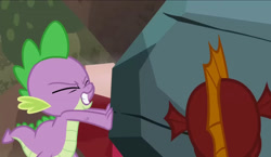 Size: 2648x1536 | Tagged: safe, screencap, garble, spike, dragon, g4, gauntlet of fire, season 6, duo, duo male, eyes closed, gritted teeth, male, pushing, rock, teenaged dragon, teenager, teeth, wingless spike