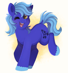 Size: 2009x2155 | Tagged: safe, artist:adostume, derpibooru exclusive, oc, oc only, oc:dayandey, earth pony, pony, digital art, gradient background, male, one eye closed, raised hoof, smiling, solo, teeth, wink