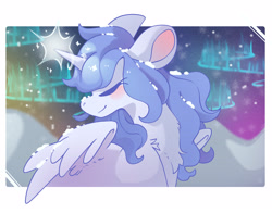 Size: 5073x3973 | Tagged: safe, artist:cutepencilcase, oc, oc only, alicorn, pony, alicorn oc, aurora borealis, chest fluff, eyes closed, horn, mountain, outdoors, passepartout, snow, solo, wings