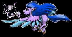 Size: 2682x1368 | Tagged: safe, artist:secrets-of-everfree, oc, oc only, oc:lunar candy, pegasus, pony, black background, colored wings, colored wingtips, ear piercing, earring, eyebrows, female, jewelry, mare, pegasus oc, piercing, side view, simple background, smiling, solo, spread wings, wings