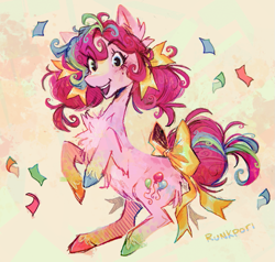 Size: 933x887 | Tagged: safe, artist:lutraviolet, pinkie pie, earth pony, pony, g4, alternate design, bow, confetti, hair bow, redesign, simple background, solo