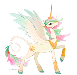 Size: 2048x1995 | Tagged: safe, artist:lutraviolet, princess celestia, alicorn, pony, g4, alternate cutie mark, alternate design, chanfron, cloven hooves, colored wings, ethereal mane, female, greaves, helmet, jewelry, leonine tail, mare, peytral, raised hoof, regalia, simple background, solo, starry mane, starry tail, tail, unshorn fetlocks, white background, wings