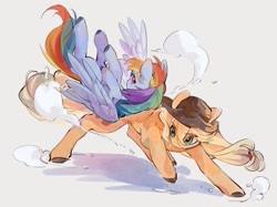 Size: 2732x2048 | Tagged: safe, artist:pebberg, applejack, rainbow dash, earth pony, pegasus, pony, g4, applejack's hat, cowboy hat, female, flying, freckles, hat, lesbian, ship:appledash, shipping, simple background