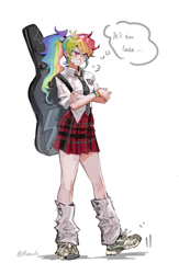 Size: 1606x2466 | Tagged: safe, artist:leiyezhongma1, artist:remlo, artist:remlo_ii, rainbow dash, human, g4, clothes, crossed arms, female, guitar, guitar case, humanized, multicolored hair, musical instrument, necktie, pale skin, rainbow hair, school uniform, shirt, simple background, skirt, solo, text, thought bubble, upset, white background