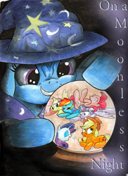 Size: 638x874 | Tagged: safe, artist:kittyhawk-contrail, applejack, fluttershy, pinkie pie, rainbow dash, rarity, trixie, twilight sparkle, alicorn, earth pony, pegasus, pony, unicorn, g4, fanfic, fanfic art, fanfic cover, horn, mane six, twilight sparkle (alicorn)