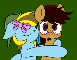 Size: 2784x2196 | Tagged: safe, artist:derpyalex2, oc, oc only, oc:blitz shadow, oc:lucky bolt, earth pony, pegasus, pony, baseball cap, blush lines, blushing, bow, cap, commission, digital art, duo, green background, hair bow, hat, hug, kissing, simple background, ych result