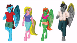 Size: 7547x4271 | Tagged: safe, artist:merrypaws, artist:miipack603, oc, oc only, oc:aurora honeyblossom, oc:dusky braveheart, oc:ivy flashbreeze, oc:jasper darkblaze, pegasus, unicorn, anthro, unguligrade anthro, amputee, anthro oc, artificial wings, augmented, belt, belt buckle, breasts, cargo shorts, cleavage, clothes, denim, female, glasses, horn, hot pants, jeans, looking at you, male, mare, mechanical wing, midriff, multicolored mane, pants, pegasus oc, polo shirt, prosthetic limb, prosthetic wing, prosthetics, shading, shading practice, shirt, short shirt, shorts, simple background, stallion, tail, unicorn oc, watch, white background, wing brace, wings