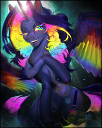 Size: 2160x2700 | Tagged: safe, artist:chickenpicnic, oc, oc only, alicorn, pony, lens flare, one eye closed, solo