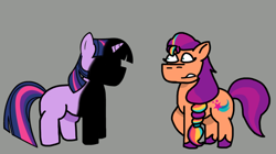 Size: 828x465 | Tagged: safe, artist:josephthedumbimpostor, sunny starscout, twilight sparkle, earth pony, pony, unicorn, g5, duo, duo female, female, friday night funkin', gray background, mane stripe sunny, mare, simple background, sunny and her heroine, unicorn twilight