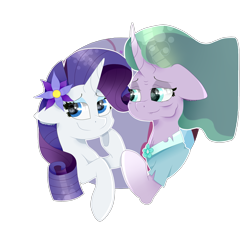 Size: 2000x2000 | Tagged: safe, artist:kathepart, mistmane, rarity, unicorn, g4, accessory, clothes, duo, duo female, female, horn, simple background, transparent background