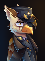 Size: 5008x6741 | Tagged: safe, artist:opal_radiance, oc, oc only, oc:darien platecrête, griffon, equestria at war mod, aquileia, clothes, eyepatch, facial scar, gradient background, scar, solo, uniform