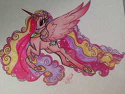 Size: 640x480 | Tagged: safe, artist:cheese-moustache, princess cadance, alicorn, g4, colored wings, crown, ethereal mane, female, gradient wings, hoof shoes, jewelry, long legs, long mane, long tail, mare, older, older princess cadance, princess shoes, regalia, slender, solo, spread wings, tail, tall, thin, traditional art, ultimate cadance, wings