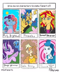 Size: 2720x3248 | Tagged: safe, artist:wrath-marionphauna, misty brightdawn, starlight glimmer, sunset shimmer, trixie, pikachu, pony, unicorn, equestria girls, g4, g5, female, horn, lola bunny, looney tunes, mare, maretime bay, pokémon, rhea, six fanarts, spacepop