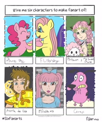 Size: 2720x3248 | Tagged: safe, artist:wrath-marionphauna, fluttershy, pinkie pie, dog, earth pony, pegasus, pony, g4, aioria, anime, courage the cowardly dog, demon slayer, kimetsu no yaiba, mitsuri kanroji, miwako sakurada, my sweet piano, paradise kiss, saint seiya, sanrio, six fanarts