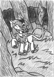 Size: 1181x1700 | Tagged: safe, artist:rosa ushiromiya, autumn blaze, kirin, g4, angry, female, fire, forest, forest background, monochrome, nature, solo, traditional art, tree