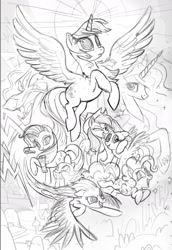 Size: 1650x2400 | Tagged: safe, artist:joy-ang, applejack, fluttershy, pinkie pie, princess celestia, rainbow dash, rarity, spike, storm king, twilight sparkle, alicorn, dragon, pony, g4, my little pony: the movie, the art of my little pony: the movie, black and white, concept art, grayscale, mane seven, mane six, monochrome, sketch, twilight sparkle (alicorn)