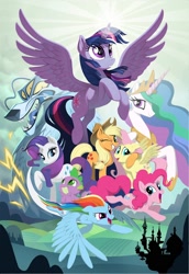 Size: 1650x2400 | Tagged: safe, artist:joy-ang, applejack, fluttershy, pinkie pie, princess celestia, rainbow dash, rarity, spike, storm king, twilight sparkle, alicorn, dragon, earth pony, pegasus, pony, unicorn, g4, my little pony: the movie, the art of my little pony: the movie, concept art, female, horn, male, mane seven, mane six, mare, twilight sparkle (alicorn)