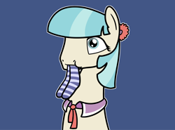 Size: 2048x1516 | Tagged: safe, artist:ewoudcponies, coco pommel, earth pony, pony, g4, blue background, bust, clothes, female, mare, mouth hold, simple background, socks, solo, striped socks