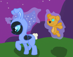 Size: 809x639 | Tagged: safe, artist:evetssteve, nightmare moon, alicorn, fanfic:moonie shorts, g4, animal costume, bunny costume, clothes, costume, drawthread, facing left, female, filly, foal, glowing, glowing horn, heterochromia, horn, levitation, magic, night, plushie, sir bearington, solo, teddy bear, telekinesis, walking, younger