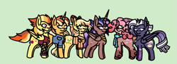 Size: 759x277 | Tagged: safe, artist:mlpartmaker300, oc, oc only, oc:daisy may, oc:enchantra sorcery, oc:fruitbasket, oc:ninny, oc:obsidian storm, oc:volley pop, alicorn, earth pony, hybrid, pegasus, unicorn, alicorn oc, bow, clothes, earth pony oc, female, freckles, green background, hair bow, horn, interspecies offspring, jacket, magical lesbian spawn, male, mare, next generation, offspring, parent:applejack, parent:big macintosh, parent:flash sentry, parent:flim, parent:fluttershy, parent:pinkie pie, parent:prince rutherford, parent:rainbow dash, parent:rarity, parent:spitfire, parent:thunderlane, parent:twilight sparkle, parents:flashlight, parents:flimjack, parents:fluttermac, parents:pinkieford, parents:rarilane, parents:spitdash, pegasus oc, scarf, shirt, simple background, stallion, striped scarf, striped shirt, unicorn oc, wings