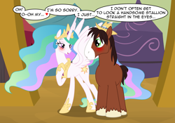 Size: 3693x2592 | Tagged: safe, artist:badumsquish, derpibooru exclusive, princess celestia, trouble shoes, alicorn, clydesdale, earth pony, pony, g4, :o, blushing, crack shipping, dialogue, duo, embarrassed, eye contact, female, flirting, heart, hoof on chest, jewelry, looking at each other, looking at someone, male, mare, open mouth, peytral, regalia, rodeo, shipping, show accurate, spread wings, stallion, straight, troublestia, unshorn fetlocks, wingboner, wings