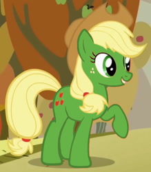 Size: 1170x1337 | Tagged: safe, edit, edited screencap, screencap, applejack, earth pony, pony, fall weather friends, g4, my little pony: friendship is magic, alternate coat color, apple (color), applejack's hat, cowboy hat, cropped, female, green coat, hat, mare, not applejack, outdoors, raised hoof, recolor, solo, tree