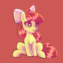 Size: 2048x2048 | Tagged: safe, artist:selkie, apple bloom, earth pony, pony, g4, :p, female, filly, foal, heart, heart eyes, red background, simple background, sitting, solo, spread legs, spreading, tongue out, wingding eyes