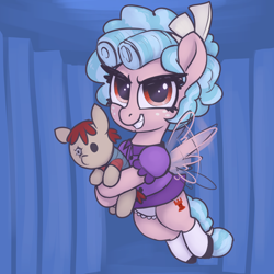 Size: 3000x3000 | Tagged: safe, artist:t72b, cozy glow, pegasus, pony, g4, baby doll, batman, batman the animated series, bow, clothes, dc comics, doll, evil smile, female, filly, flying, foal, freckles, grin, holding, hoof hold, looking at you, shoes, skirt, smiling, socks, toy